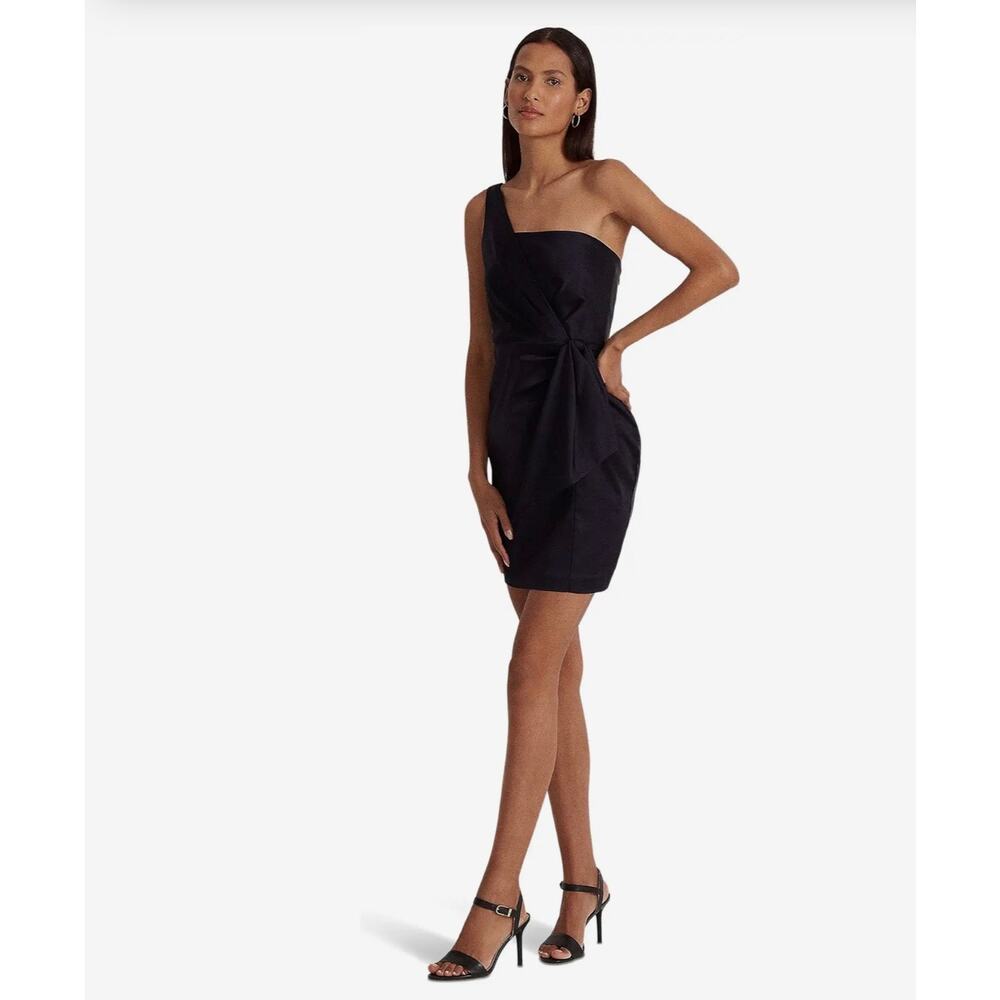 Ralph Lauren Satin One Shoulder Cocktail Mini Dress sz 16, French Navy | NEW$265